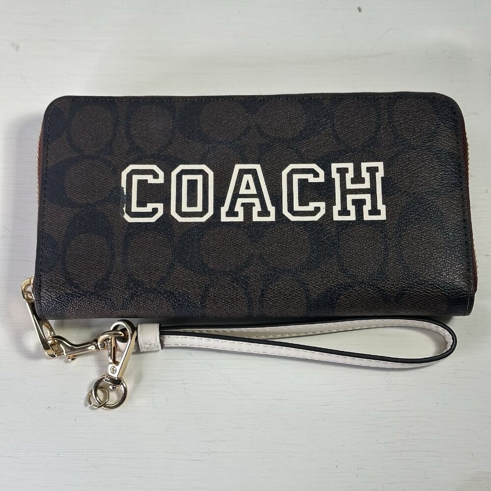 COACH Long Zip Around Wristlet Wallet Varsity Motif Brown CB856 Brown Pealing C.